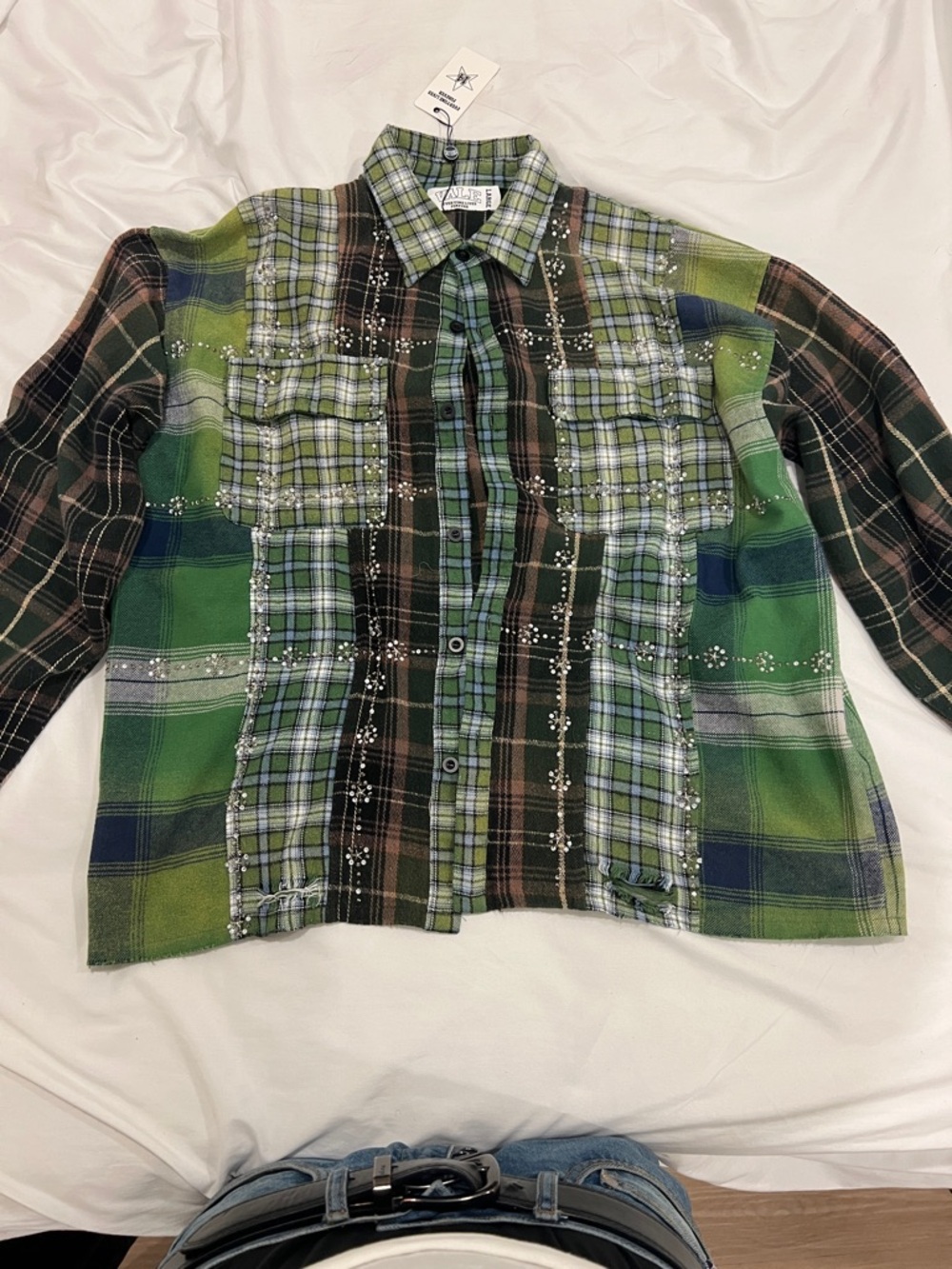 VALE FOREVER Embellished Green Plaid Button-Up Shirt